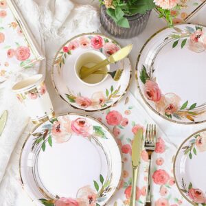 Floral Paper Plates and Napkins Party Supplies - Serves 16 - Flower Plates Floral Party Cups Knifes Forks Floral Baby Shower Decorations for Girl Pink and Gold Bridal Shower Tea Party Birthday