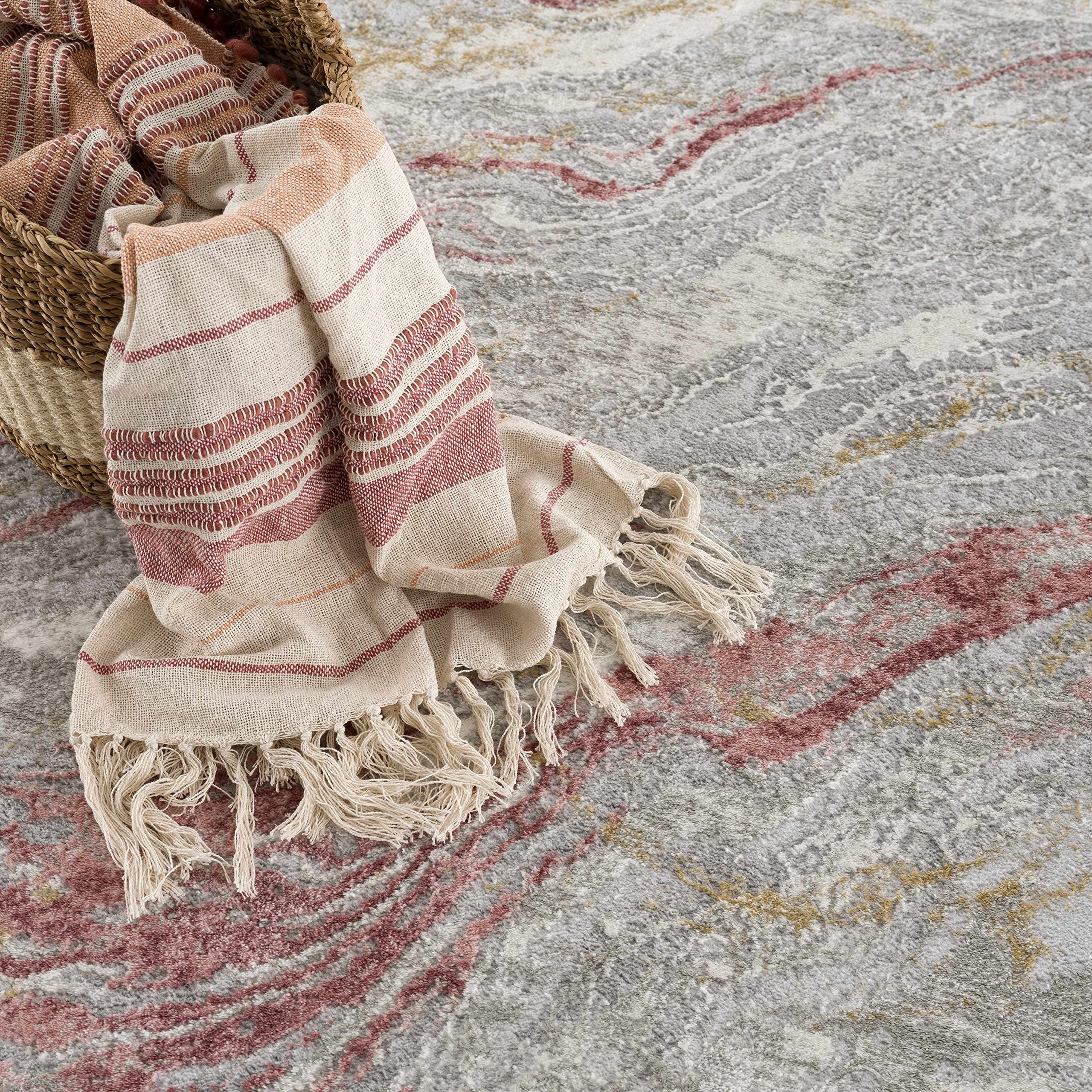 Hauteloom Liverpool Modern Abstract Bedroom Living Room Area Rug - Marble Swirl Pattern - Contemporary Bohemian Farmhouse - Pink, Red, Grey, Off White - 7'10" x 10'