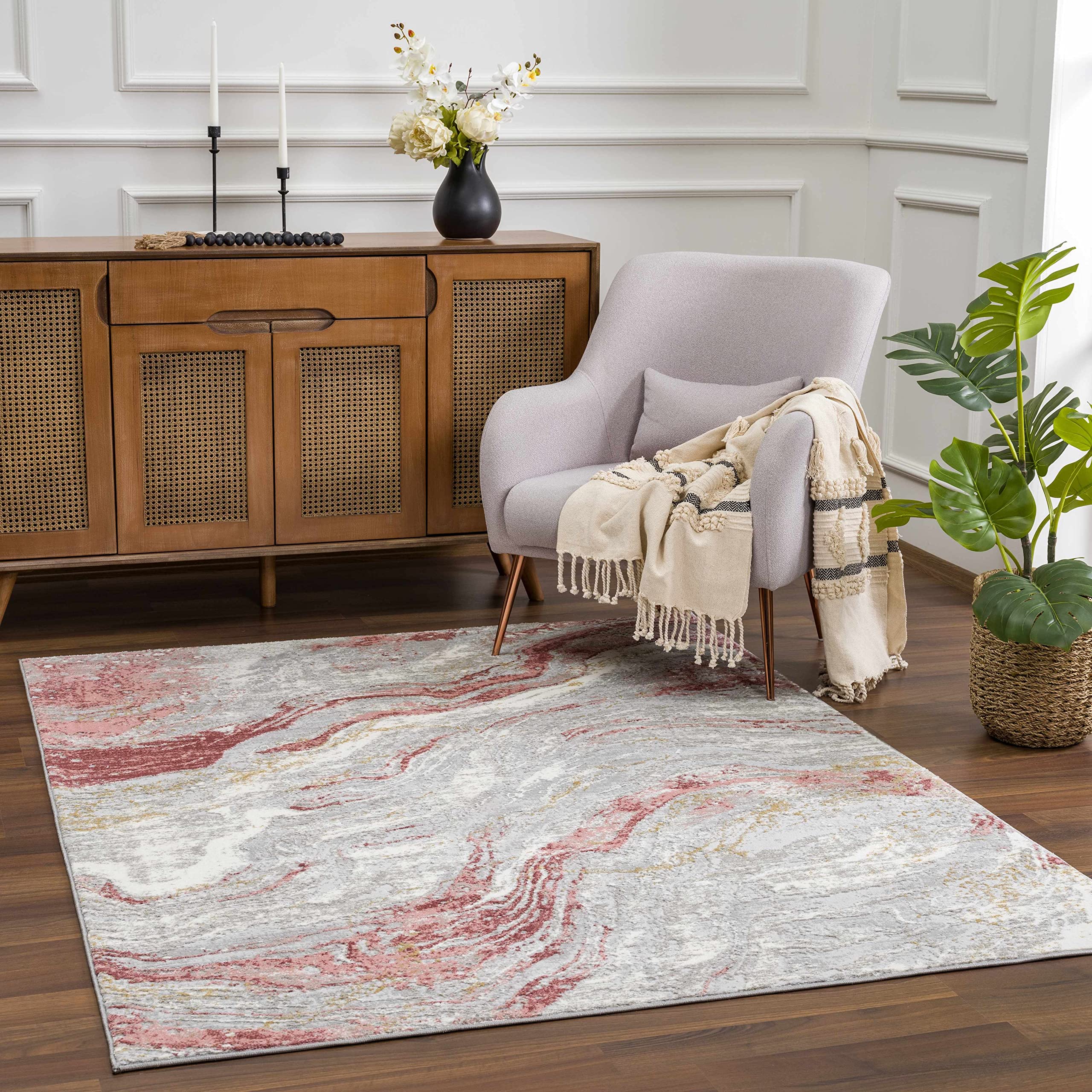 Hauteloom Liverpool Modern Abstract Bedroom Living Room Area Rug - Marble Swirl Pattern - Contemporary Bohemian Farmhouse - Pink, Red, Grey, Off White - 7'10" x 10'