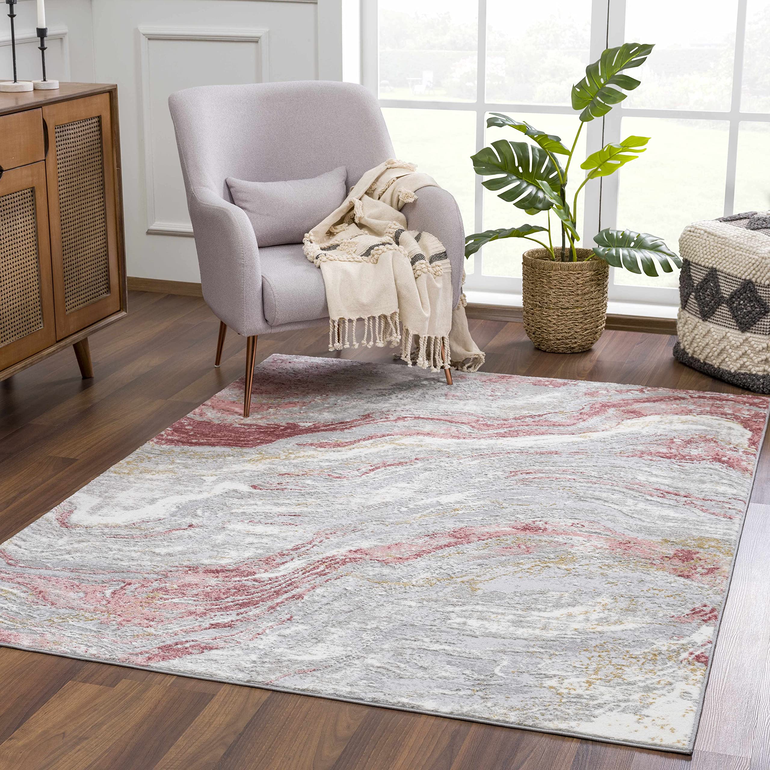 Hauteloom Liverpool Modern Abstract Bedroom Living Room Area Rug - Marble Swirl Pattern - Contemporary Bohemian Farmhouse - Pink, Red, Grey, Off White - 7'10" x 10'