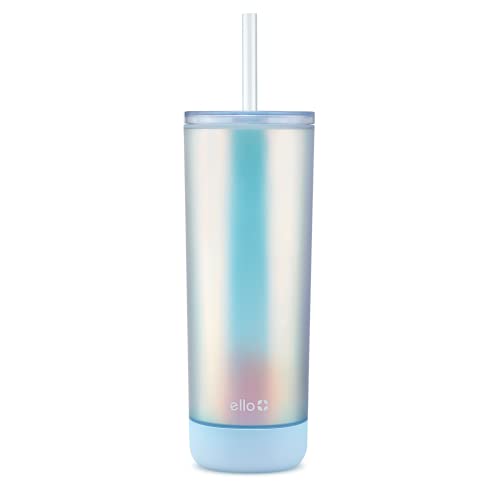 Ello Monterey 24oz Plastic Tumbler with Straw and Built-In Silicone Coaster, Premium Double Walled Insulation, Reusable Cup Perfect for Iced Coffee, BPA Free, Blue