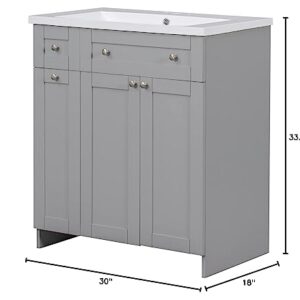 Merax 30" Bathroom Vanity W, Gray Combo Stand Storage Cabinet Set with Square White Resin Sink Top, Grey