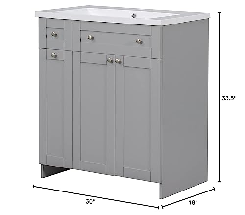 Merax 30" Bathroom Vanity W, Gray Combo Stand Storage Cabinet Set with Square White Resin Sink Top, Grey