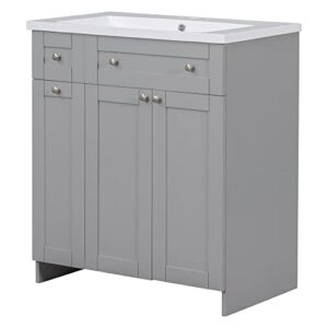 Merax 30" Bathroom Vanity W, Gray Combo Stand Storage Cabinet Set with Square White Resin Sink Top, Grey