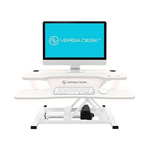 VERSADESK® PowerPro Elite 48” x 24" – App Controlled X-Large Electric Standing Desk Converter w/USB Charging Port. Raises up to 20”. Fully Assembled – Includes LED Lights. Supports 80 lbs. – White