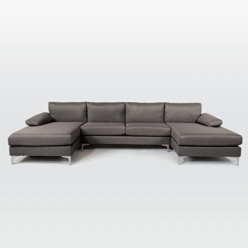 Casa Andrea Milano Modern Large Linen Fabric U-Shape Sectional Sofa, Double Extra Wide Chaise Lounge Couch