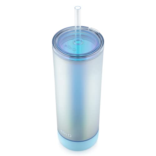 Ello Monterey 24oz Plastic Tumbler with Straw and Built-In Silicone Coaster, Premium Double Walled Insulation, Reusable Cup Perfect for Iced Coffee, BPA Free, Blue