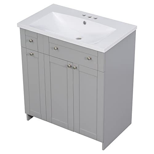 Merax 30" Bathroom Vanity W, Gray Combo Stand Storage Cabinet Set with Square White Resin Sink Top, Grey