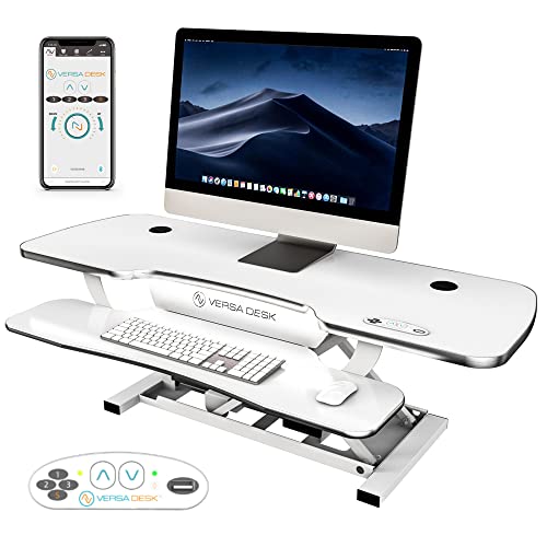 VERSADESK® PowerPro Elite 48” x 24" – App Controlled X-Large Electric Standing Desk Converter w/USB Charging Port. Raises up to 20”. Fully Assembled – Includes LED Lights. Supports 80 lbs. – White