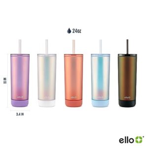 Ello Monterey 24oz Plastic Tumbler with Straw and Built-In Silicone Coaster, Premium Double Walled Insulation, Reusable Cup Perfect for Iced Coffee, BPA Free, Blue