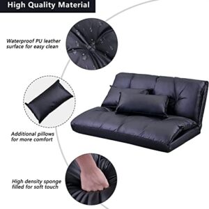 Adjustable Floor Sofa Bed with 2 Pillows , Folding Futon Couch Leisure Lazy Sofa with 5 Reclining Position, PU Floor Sofa for Reading or Gaming in Bedroom/Living Room/Balcony,Black