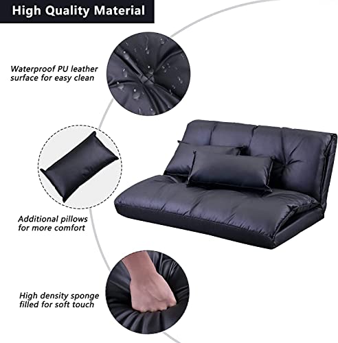 Adjustable Floor Sofa Bed with 2 Pillows , Folding Futon Couch Leisure Lazy Sofa with 5 Reclining Position, PU Floor Sofa for Reading or Gaming in Bedroom/Living Room/Balcony,Black