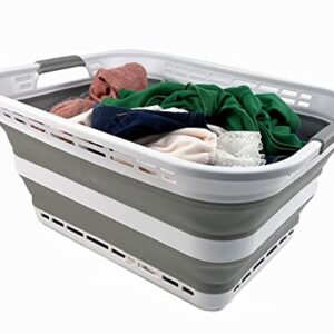 SAMMART 42L (11 Galloons) Collapsible Plastic Laundry Basket - Foldable Pop Up Storage Container/Organizer - Portable Washing Tub - Space Saving Hamper/Basket [BPA Free] (White/Grey)