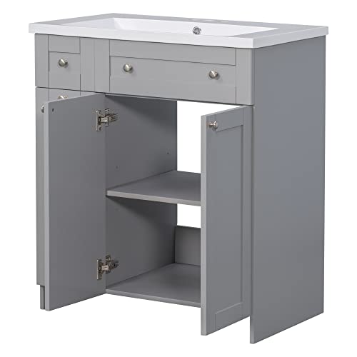 Merax 30" Bathroom Vanity W, Gray Combo Stand Storage Cabinet Set with Square White Resin Sink Top, Grey