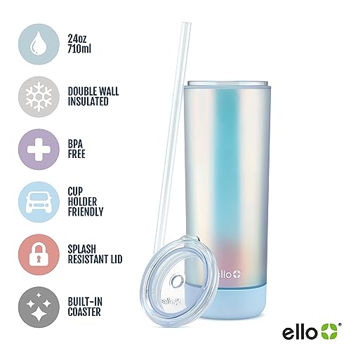 Ello Monterey 24oz Plastic Tumbler with Straw and Built-In Silicone Coaster, Premium Double Walled Insulation, Reusable Cup Perfect for Iced Coffee, BPA Free, Blue