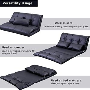 Adjustable Floor Sofa Bed with 2 Pillows , Folding Futon Couch Leisure Lazy Sofa with 5 Reclining Position, PU Floor Sofa for Reading or Gaming in Bedroom/Living Room/Balcony,Black