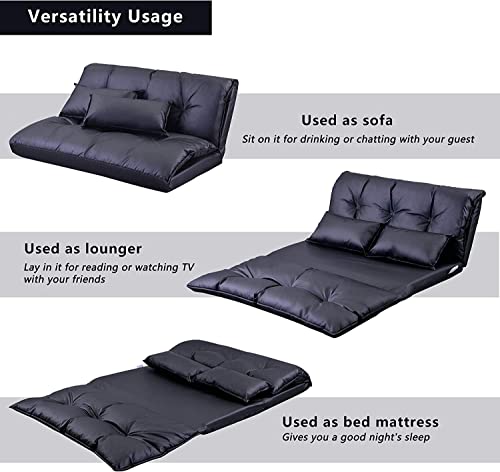 Adjustable Floor Sofa Bed with 2 Pillows , Folding Futon Couch Leisure Lazy Sofa with 5 Reclining Position, PU Floor Sofa for Reading or Gaming in Bedroom/Living Room/Balcony,Black