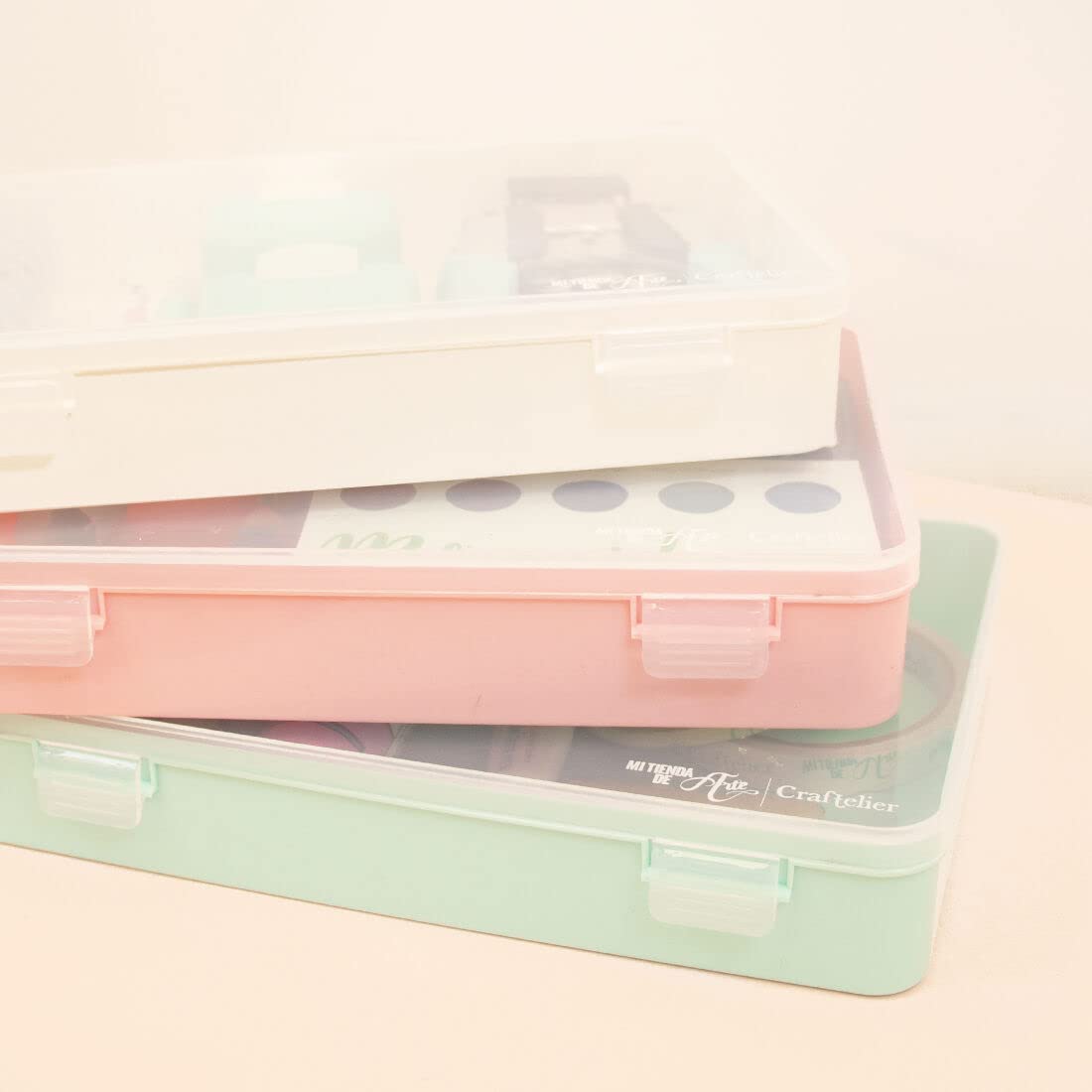 Craftelier - Set of 3 Storage and Organisation Boxes for Scrapbooking and other Craft Materials | 2 Box Sizes: Large Box 26,5 x 17,8 x 4,2 cm and Small Boxes 14,6 x 9,1 x 3,2 cm - Pastel Pink Colour