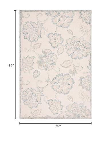 SAFAVIEH Micro-Loop Collection Area Rug - 5' x 8', Ivory & Blue, Handmade Floral Wool, Ideal for High Traffic Areas in Living Room, Bedroom (MLP477A)