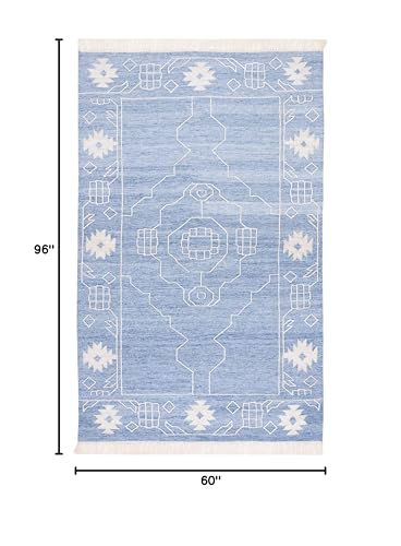 SAFAVIEH Kilim Collection Area Rug - 5' x 8', Blue & Ivory, Flat Weave Rustic Boho Tribal Design, Non-Shedding & Easy Care, Ideal for High Traffic Areas in Living Room, Bedroom (KLM763M)