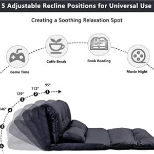 Adjustable Floor Sofa Bed with 2 Pillows , Folding Futon Couch Leisure Lazy Sofa with 5 Reclining Position, PU Floor Sofa for Reading or Gaming in Bedroom/Living Room/Balcony,Black