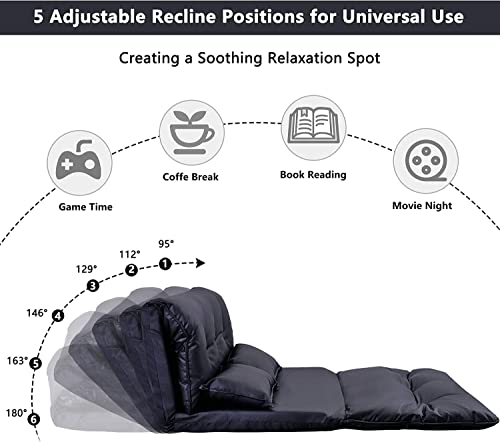 Adjustable Floor Sofa Bed with 2 Pillows , Folding Futon Couch Leisure Lazy Sofa with 5 Reclining Position, PU Floor Sofa for Reading or Gaming in Bedroom/Living Room/Balcony,Black