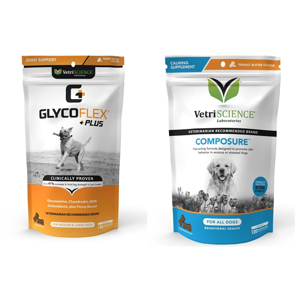 VetriScience GlycoFlex Plus Hip and Joint Supplement Chews for Dogs and Composure Calming Chews for Dogs