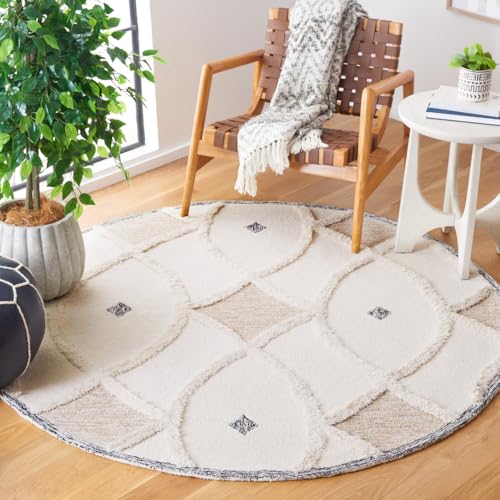 SAFAVIEH Casablanca Collection Area Rug - 6' Round, Ivory & Brown, Handmade Geometric Textured Rustic Boho Wool, Ideal for High Traffic Areas in Living Room, Bedroom (CSB991A)