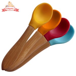 Bamboo Baby Spoons 4 PACK - Toddler Weaning Spoon - Bamboo Handle Silicone Soft Tip Spoon 5.5” Toddlers Weaning Baby Food Utensil - Mom Baby Travel Spoonset