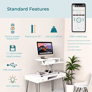 VERSADESK® PowerPro Elite 48” x 24" – App Controlled X-Large Electric Standing Desk Converter w/USB Charging Port. Raises up to 20”. Fully Assembled – Includes LED Lights. Supports 80 lbs. – White