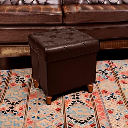 CAROLMADE Folding Storage Ottoman Cube PU Leather Footstool with Wood Legs Toy Storage for Living Room and Bedroom Brown, 15"x12.6"x15.4”