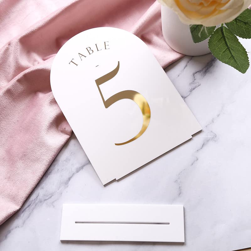 UNIQOOO White Arch Wedding Table Numbers with Stands 1-20, Gold Foil Printed 5x7 Double sided Acrylic Signs and Holders, Perfect for Centerpiece, Reception, Decoration, Party, Anniversary, Event