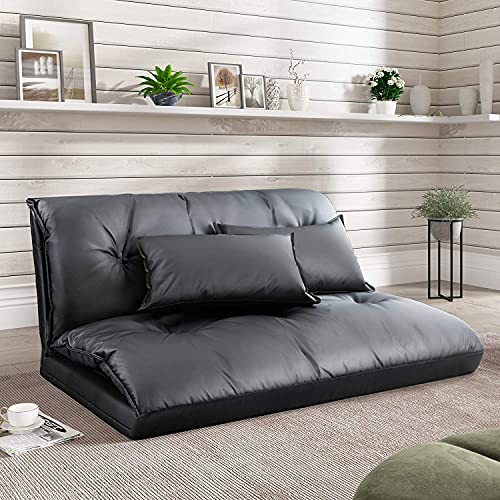 Adjustable Floor Sofa Bed with 2 Pillows , Folding Futon Couch Leisure Lazy Sofa with 5 Reclining Position, PU Floor Sofa for Reading or Gaming in Bedroom/Living Room/Balcony,Black