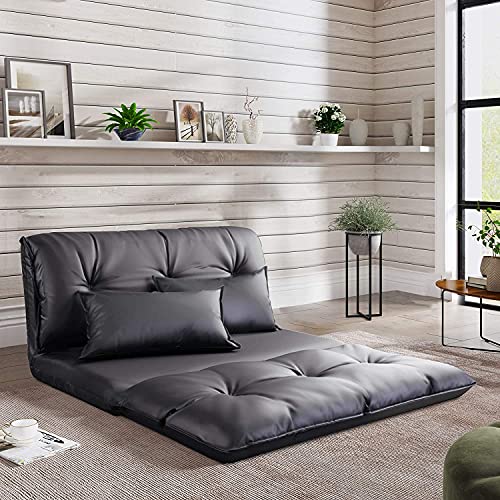 Adjustable Floor Sofa Bed with 2 Pillows , Folding Futon Couch Leisure Lazy Sofa with 5 Reclining Position, PU Floor Sofa for Reading or Gaming in Bedroom/Living Room/Balcony,Black