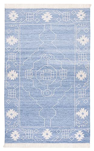 SAFAVIEH Kilim Collection Area Rug - 5' x 8', Blue & Ivory, Flat Weave Rustic Boho Tribal Design, Non-Shedding & Easy Care, Ideal for High Traffic Areas in Living Room, Bedroom (KLM763M)