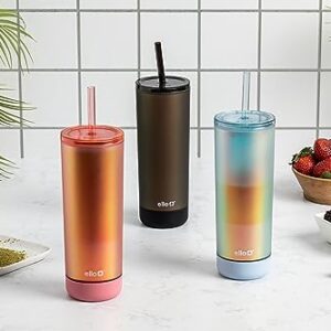 Ello Monterey 24oz Plastic Tumbler with Straw and Built-In Silicone Coaster, Premium Double Walled Insulation, Reusable Cup Perfect for Iced Coffee, BPA Free, Blue