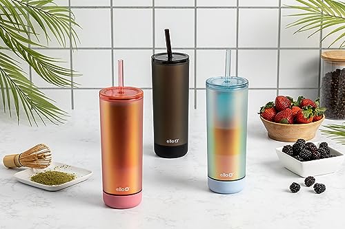 Ello Monterey 24oz Plastic Tumbler with Straw and Built-In Silicone Coaster, Premium Double Walled Insulation, Reusable Cup Perfect for Iced Coffee, BPA Free, Blue