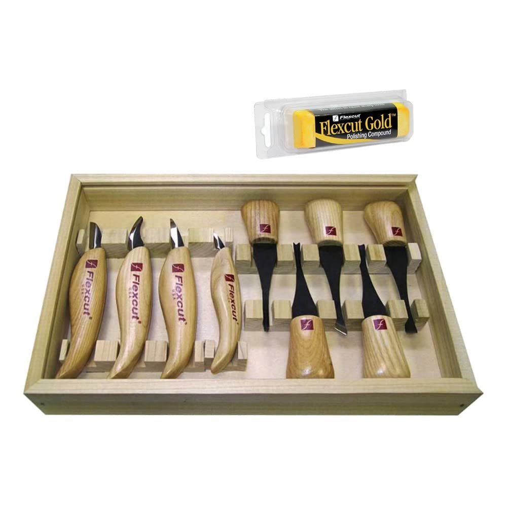 Hyatts Flexcut Carving Tools, Deluxe Palm & Knife Set, with 4 Carving Knives and 5 Palm Tools with Flexcut Gold Polishing Compound (KN700,PW11)