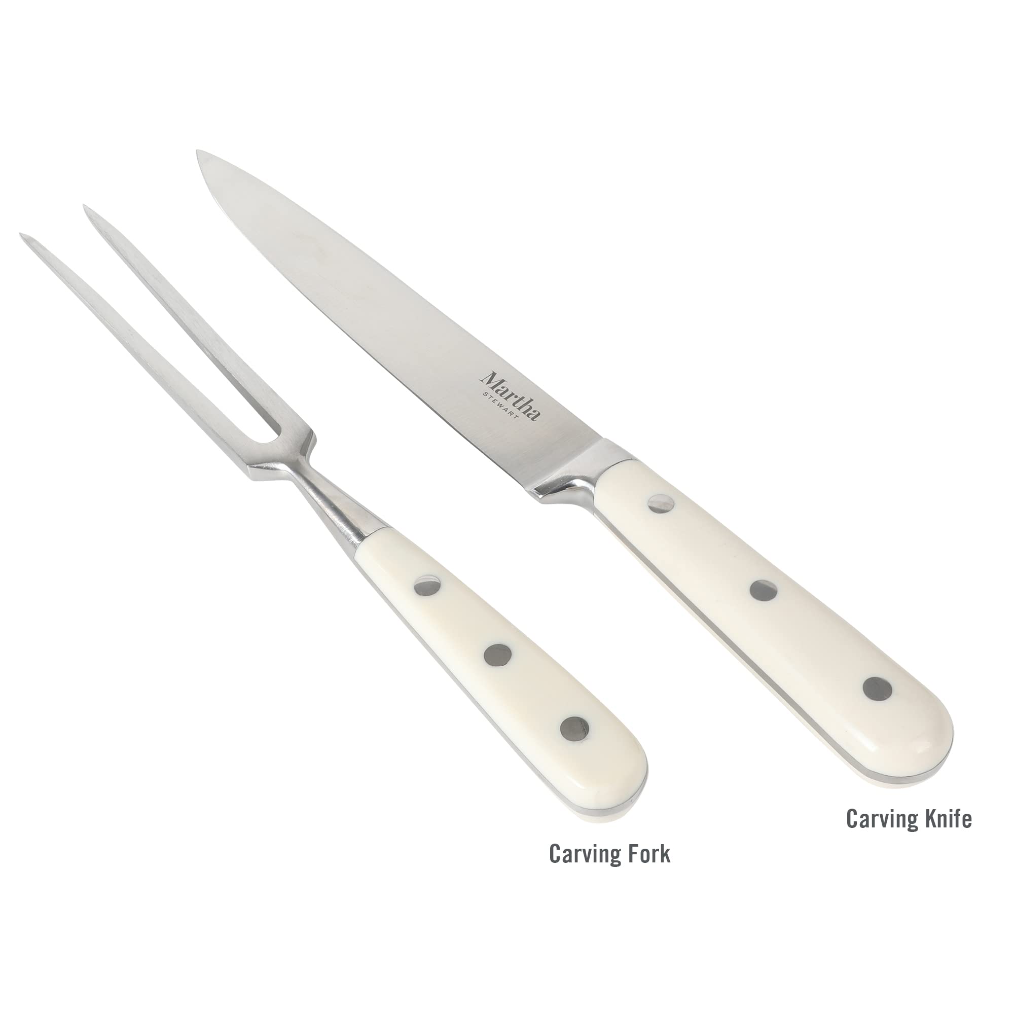 Martha Stewart Goswell 3pc Set w/ 8" Triple Riveted Stainless Steel Carving Knife, 6" Triple Riveted Stainless Steel Carving Fork w/Beech Wood Cutting and Serving Board