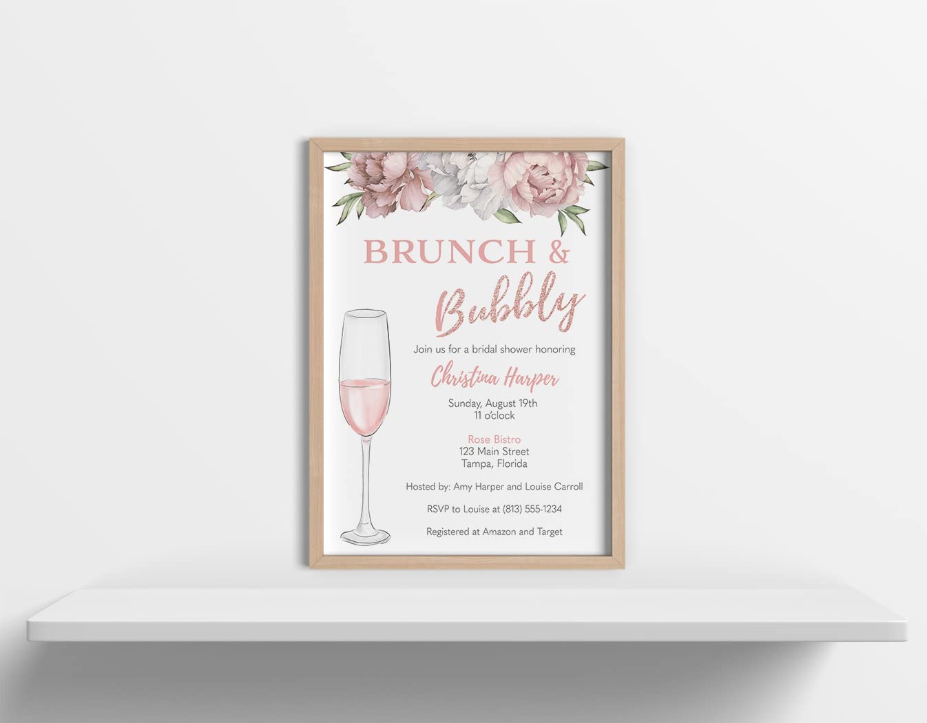 Brunch and Bubbly Bridal Shower Invitation Pink Glitter Rose Gold Floral Flowers Roses Champagne Mimosas Bachelorette Wedding Printed Cards Customized Personalized Cards (12 Count)