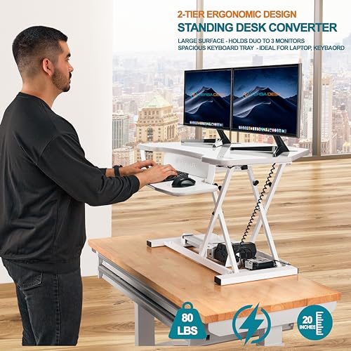 VERSADESK® PowerPro Elite 48” x 24" – App Controlled X-Large Electric Standing Desk Converter w/USB Charging Port. Raises up to 20”. Fully Assembled – Includes LED Lights. Supports 80 lbs. – White