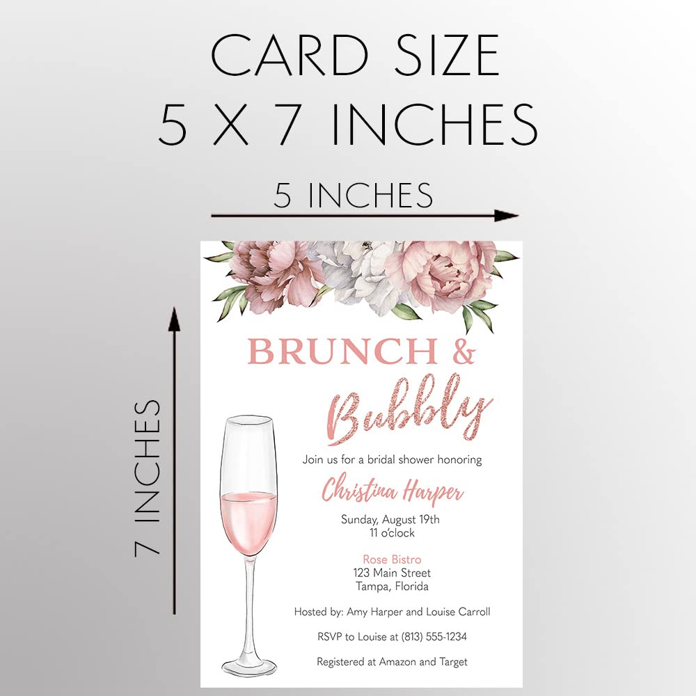 Brunch and Bubbly Bridal Shower Invitation Pink Glitter Rose Gold Floral Flowers Roses Champagne Mimosas Bachelorette Wedding Printed Cards Customized Personalized Cards (12 Count)