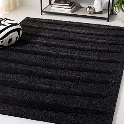 SAFAVIEH Hi-Lo Shag Collection Area Rug - 8' x 10', Charcoal, Modern Stripe Textured Design, Non-Shedding & Easy Care, 1.6-inch Thick Ideal for High Traffic Areas in Living Room, Bedroom (HLS202H)