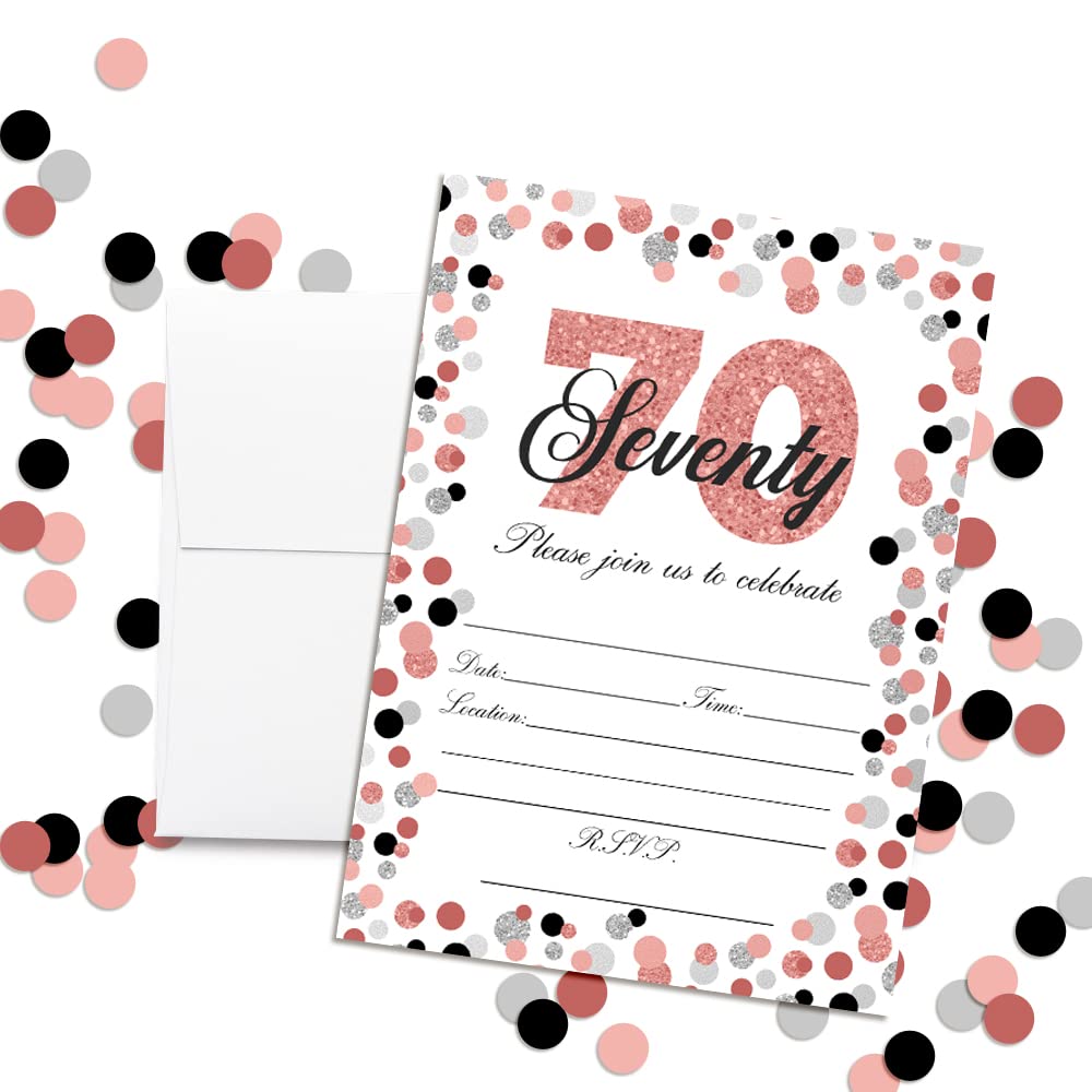 Amanda Creation Confetti Rose Gold Polka Dot 70th Birthday Party Invitations, 20 5x7 Fill-In Cards with Twenty White Envelopes