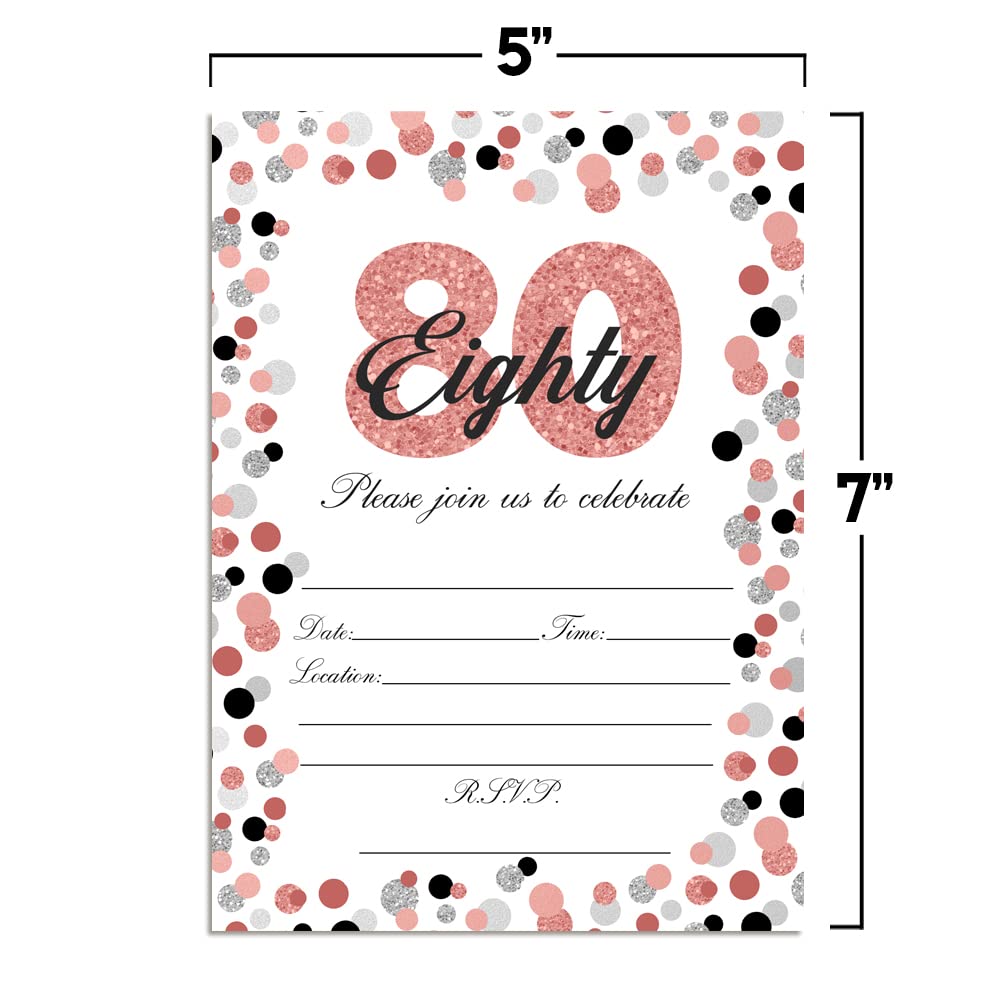 Amanda Creation Confetti Rose Gold Polka Dot 80th Birthday Party Invitations, 20 5x7 Fill-In Cards with Twenty White Envelopes