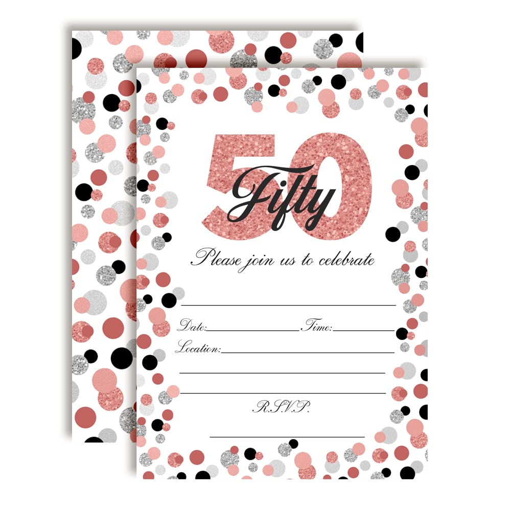 Amanda Creation Confetti Rose Gold Polka Dot 50th Birthday Party Invitations, 20 5x7 Fill-In Cards with Twenty White Envelopes