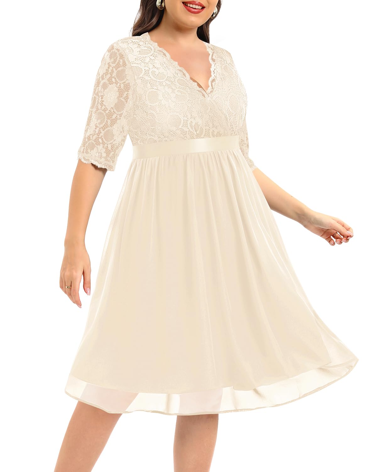 Pinup Fashion Champagne Dress Women Plus Size Bridesmaid Wedding Guest Short Homecoming Prom Formal Cocktail Lace Chiffon Midi Dress