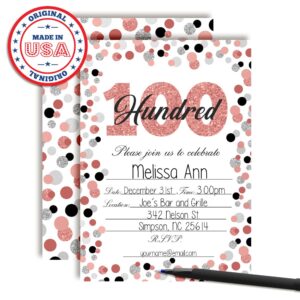 Amanda Creation Confetti Rose Gold Polka Dot 100th Birthday Party Invitations, 20 5x7 Fill-In Cards with Twenty White Envelopes