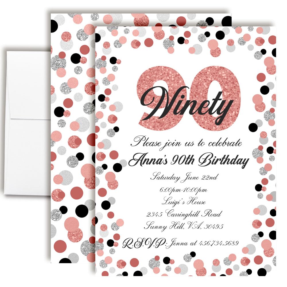 Amanda Creation Confetti Rose Gold Polka Dot 90th Birthday Party Invitations, 20 5x7 Fill-In Cards with Twenty White Envelopes