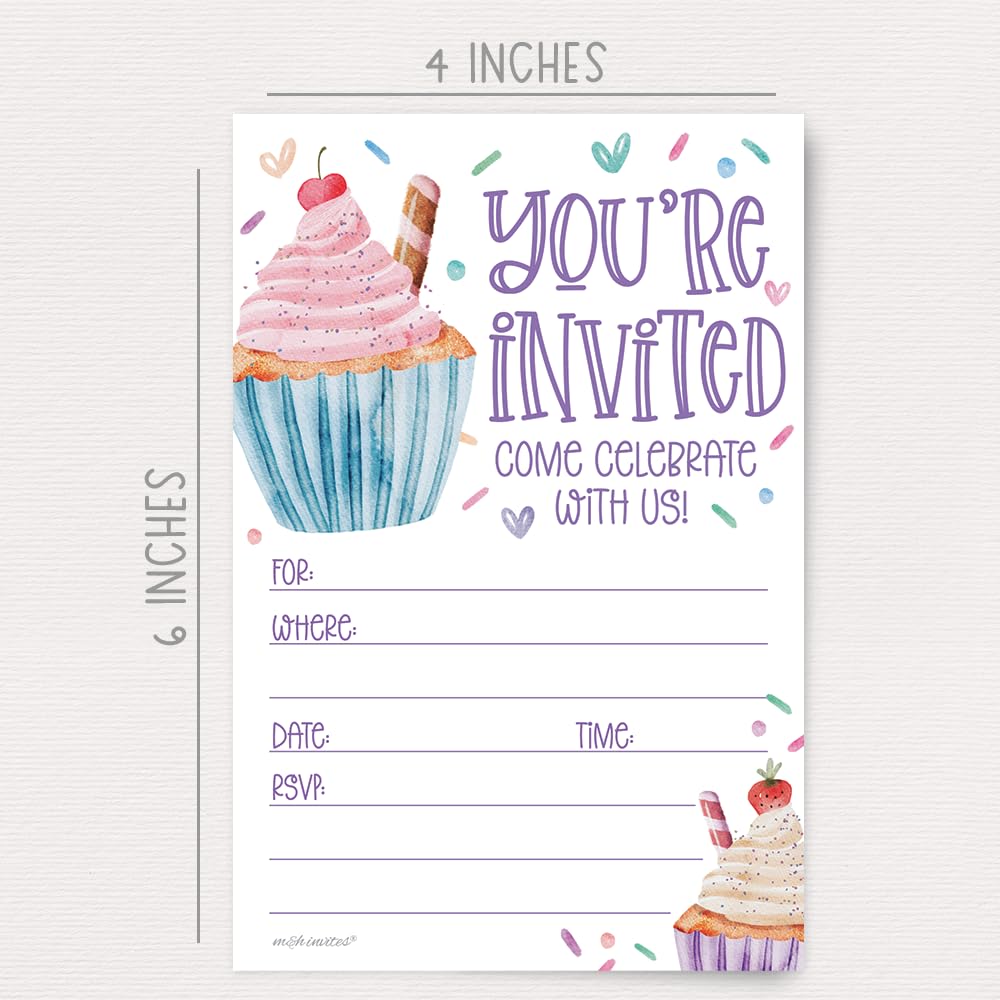 Cupcake Birthday Party Invitations (20 Count With Envelopes) - Watercolor Cupcakes And Sprinkles Birthday Invites